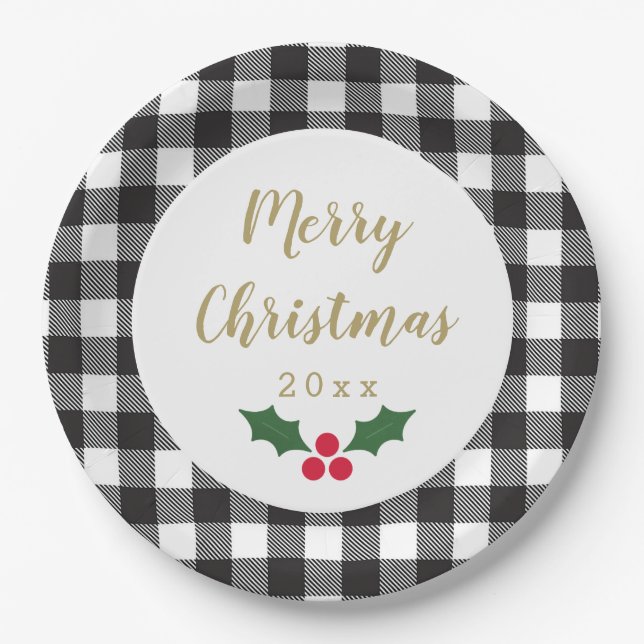 Black and White Buffalo Plaid Holly Christmas Paper Plates (Front)