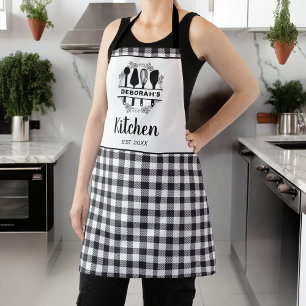 Black and White Buffalo Plaid Kitchen Name Apron