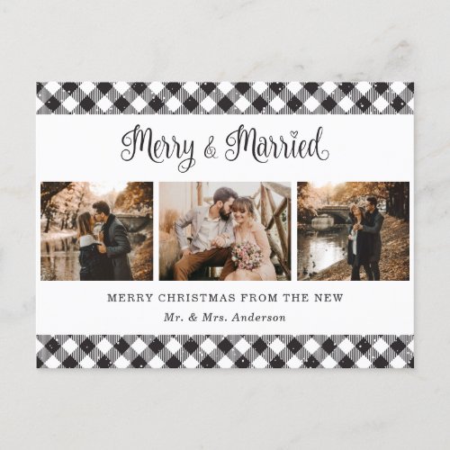 Black and White Buffalo Plaid Merry and Married Holiday Postcard