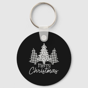 Black And White Buffalo Plaid Merry Christmas Xmas Keychain