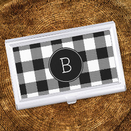 Black and White Buffalo Plaid Monogram Business Card Case