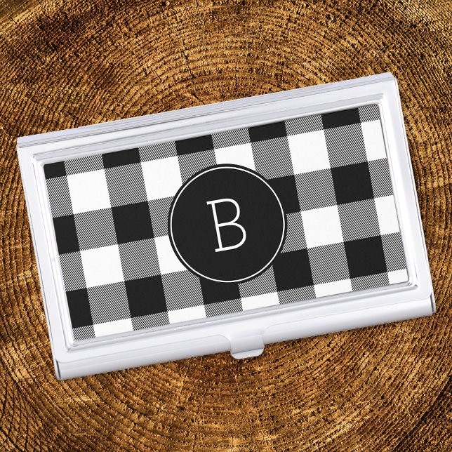 Black and White Buffalo Plaid Monogram Business Card Case (Creator Uploaded)