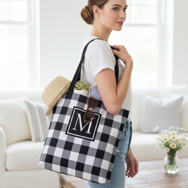Black and White Buffalo Plaid Monogram Custom Tote Bag (Black and White Buffalo Plaid Monogram Custom Tote Bag)