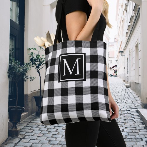 Black and White Buffalo Plaid Monogram Custom Tote Bag