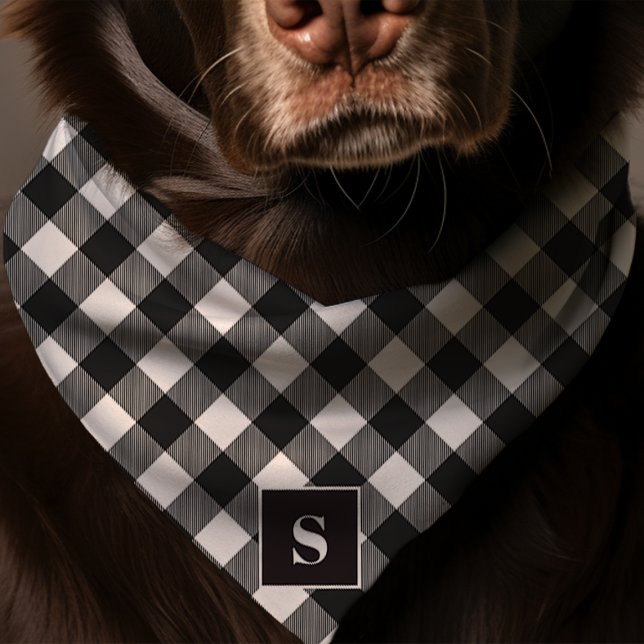 Black And White Buffalo Plaid Monogram Dog Bandana (Creator Uploaded)