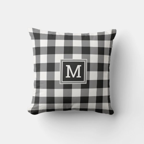 Black And White Buffalo Plaid Monogram Farmhouse Outdoor Pillow