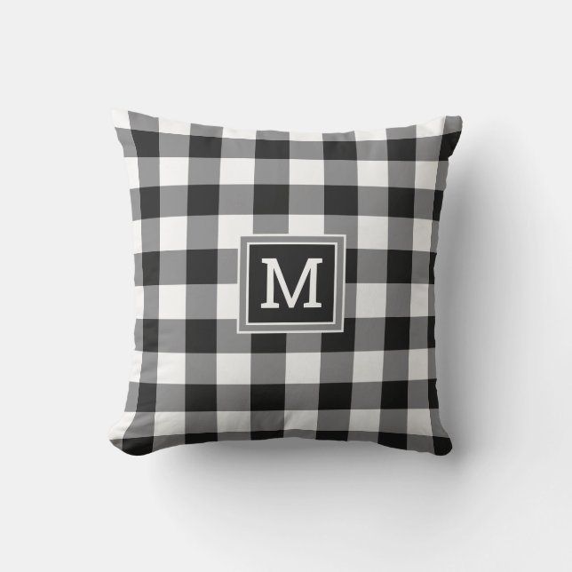 Black And White Buffalo Plaid Monogram Farmhouse Outdoor Pillow (Front)