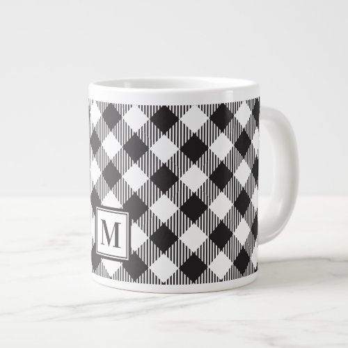 Black and White Buffalo Plaid Monogram Giant Coffee Mug