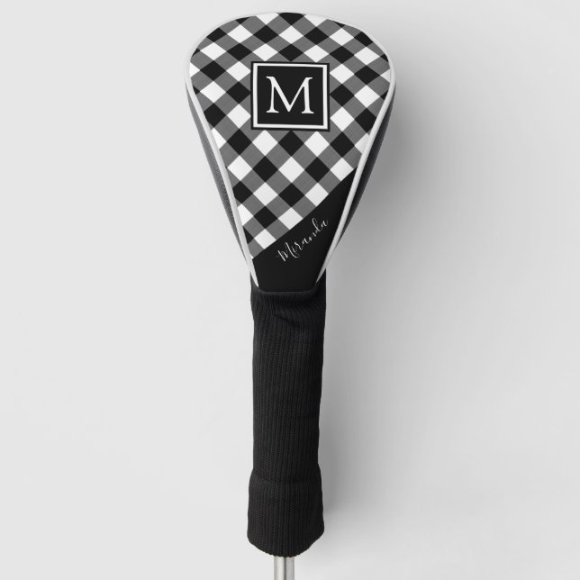 Black and White Buffalo Plaid Monogram | Name Golf Head Cover (Front)
