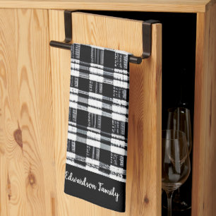 Black and white buffalo plaid monogram name kitchen towel