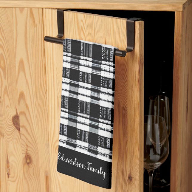 Black and white buffalo plaid monogram name kitchen towel (Thirds Fold)