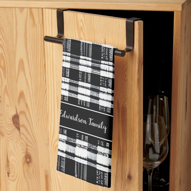 Black and white buffalo plaid monogram name kitchen towel (Thirds Fold)