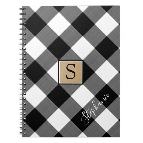 Black and White Buffalo Plaid Monogram Name Notebook