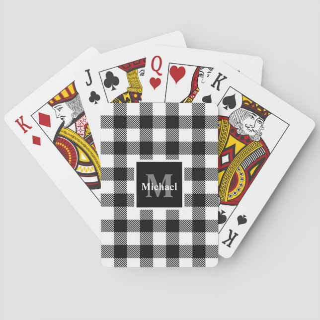Black and White Buffalo Plaid Monogram Personalize Poker Cards (Back)