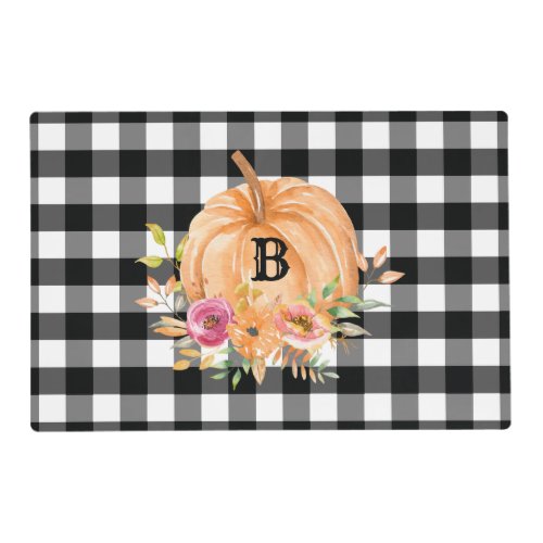 Kitchen And Dining 18 Black And White Buffalo Plaid Monogram Pumpkin Placemat
