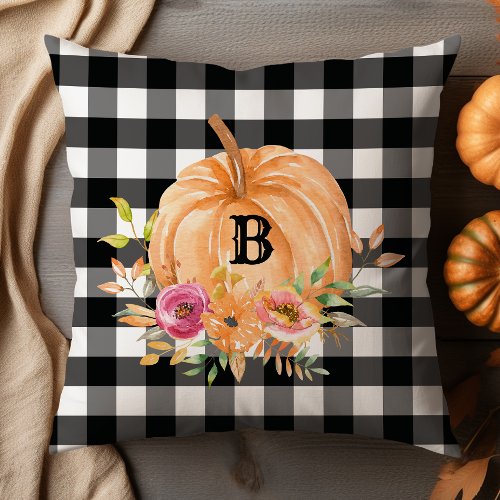 Black And White Buffalo Plaid Monogram Pumpkin Throw Pillow