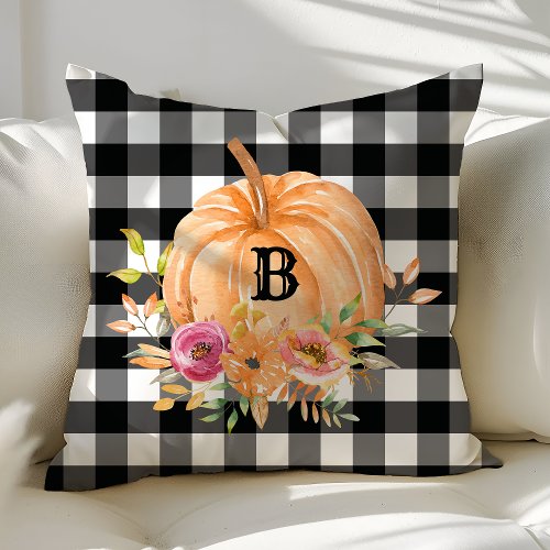 Black And White Buffalo Plaid Monogram Pumpkin Throw Pillow