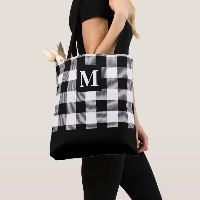 Black and White Buffalo Plaid Monogram Tote Bag (Close Up)