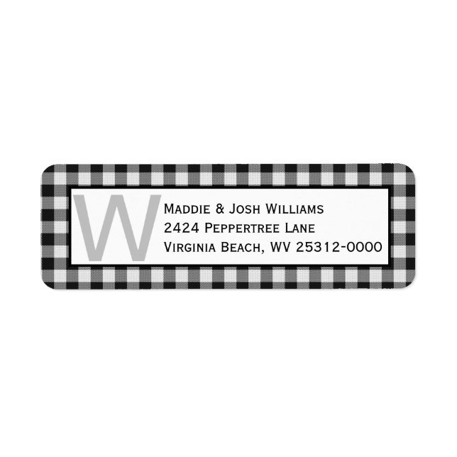 Black and White Buffalo Plaid Monogrammed Address Label (Front)