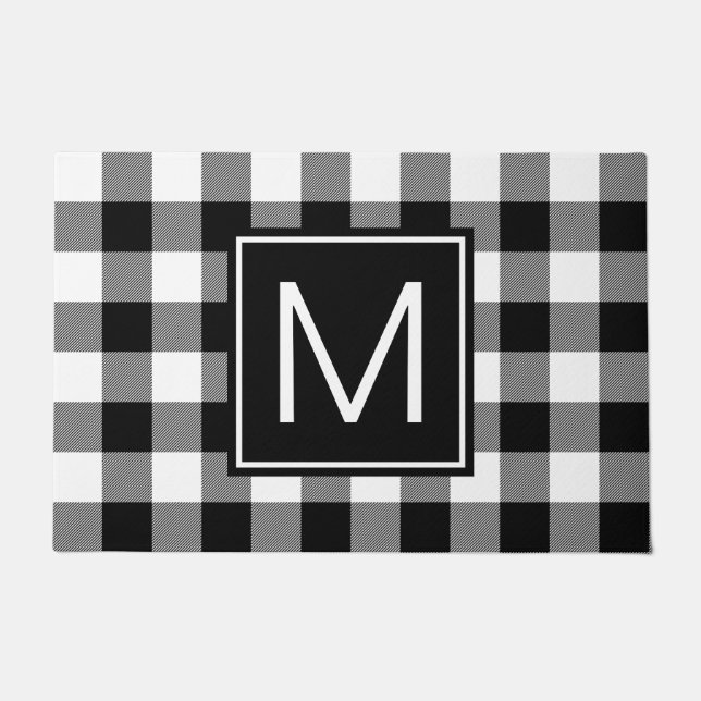 Black and White Buffalo Plaid Monogrammed Doormat (Front)