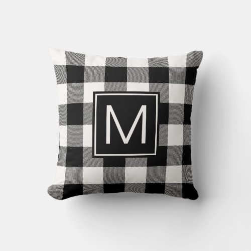 Black and White Buffalo Plaid Monogrammed Throw Pillow