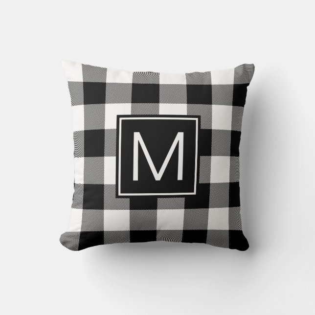 Black and White Buffalo Plaid Monogrammed Throw Pillow (Front)