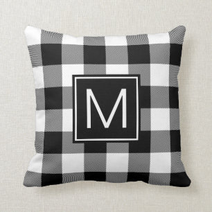 Black and White Buffalo Plaid Monogrammed Throw Pillow