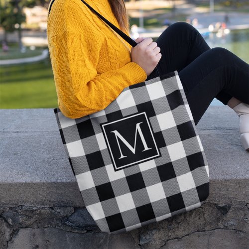 Black and White Buffalo Plaid Monogrammed Tote Bag