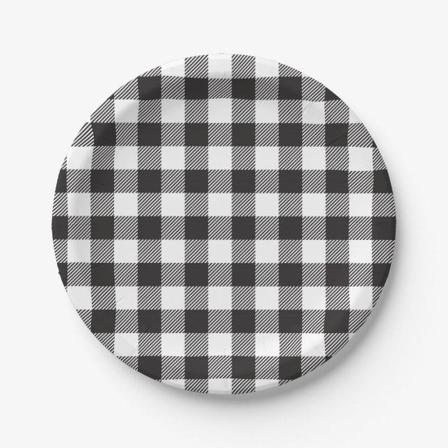 Black and White Buffalo Plaid Paper Plates (Front)
