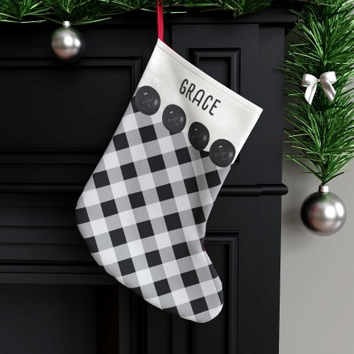 Black and White Buffalo Plaid Personalized Large Christmas Stocking