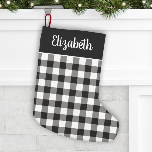 Black and White Buffalo Plaid Personalized Name Small Christmas Stocking