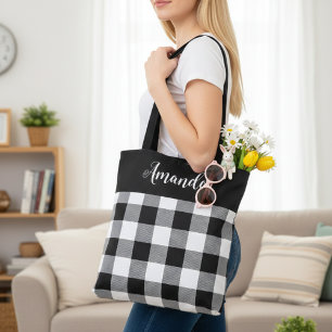 Black and White Buffalo Plaid Personalized  Tote Bag