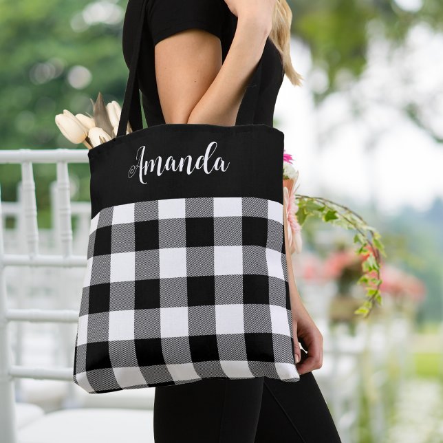 Black and White Buffalo Plaid Personalized  Tote Bag (Black and White Buffalo Plaid Personalized Tote Bag, spring/ summer.  Add your name or special text.)