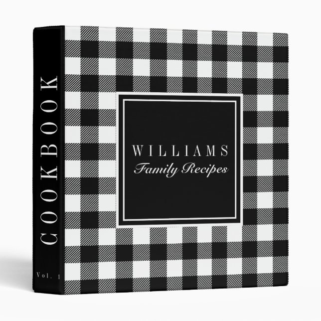 Black and White Buffalo Plaid Recipe Cookbook 3 Ring Binder (Front/Spine)