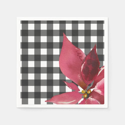 Black and White Buffalo Plaid Red Floral Napkins