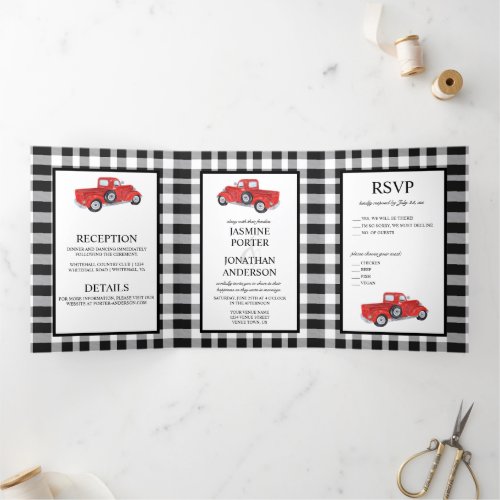 Black and White Buffalo Plaid Red Truck Wedding Tri_Fold Invitation