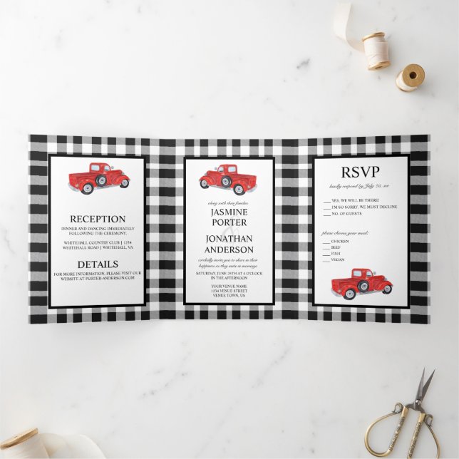 Black and White Buffalo Plaid Red Truck Wedding Tri-Fold Invitation (Inside)