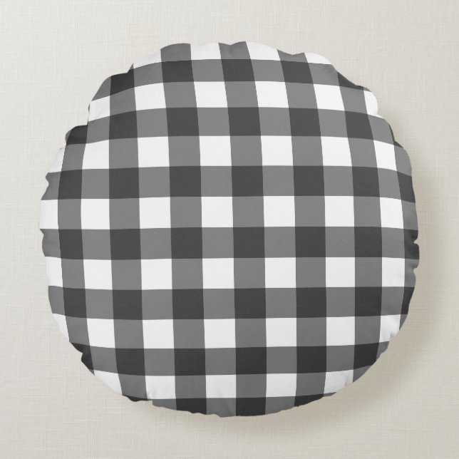 Black And White Buffalo Plaid Round Pillow (Front)