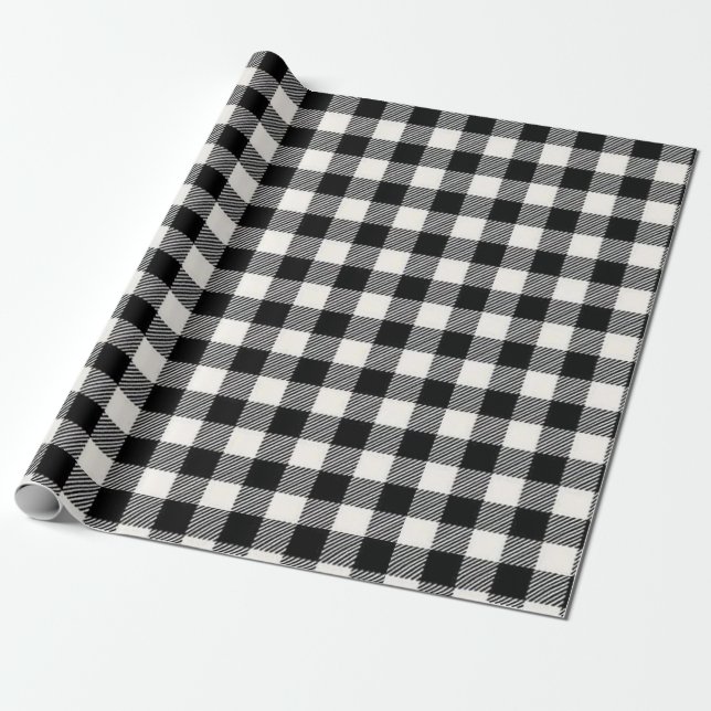Black and White Buffalo Plaid Seamless Plaid Wrapping Paper (Unrolled)