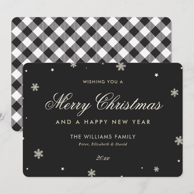 Black and White Buffalo Plaid Snowflake Holiday Card (Front/Back)