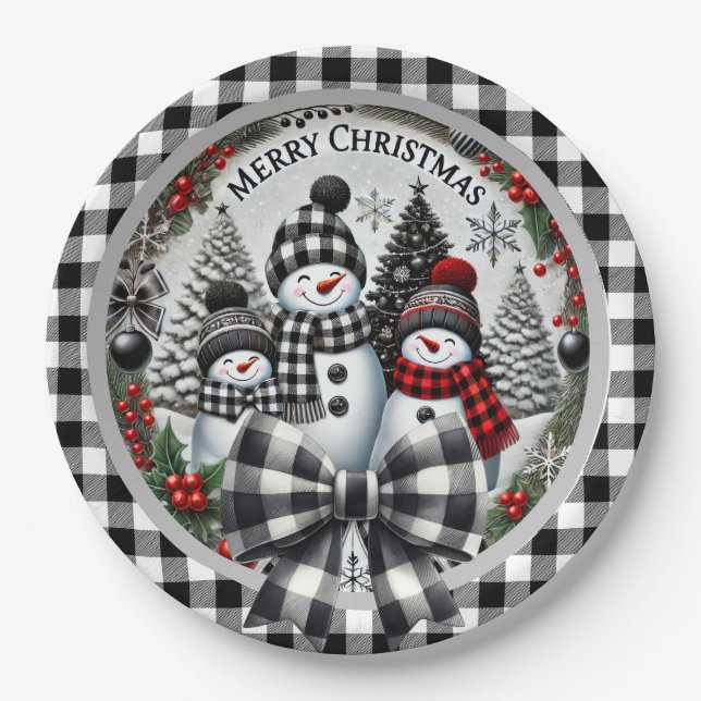Black And White Buffalo Plaid Snowmen Paper Plate (Front)