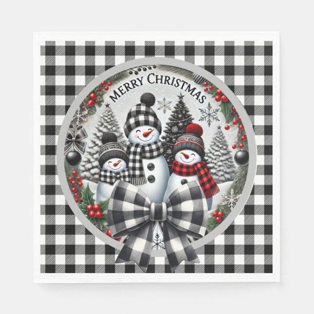 Black And White Buffalo Plaid Snowmen Paper Plate Napkins (Front)