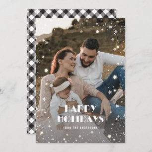 Black and White Buffalo Plaid Starry Photo Holiday Card