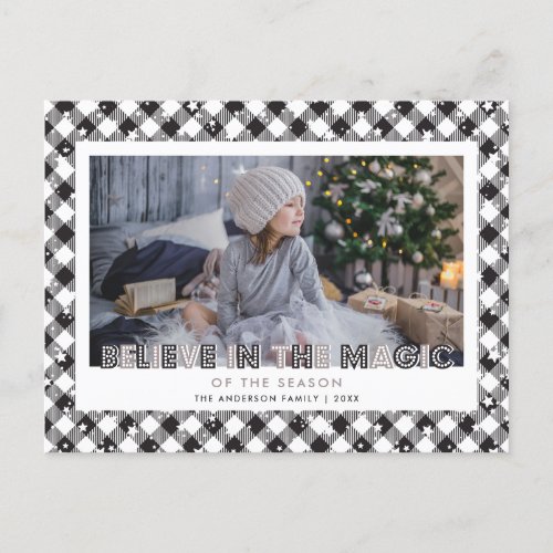 Black and White Buffalo Plaid Stars Believe Photo Holiday Postcard