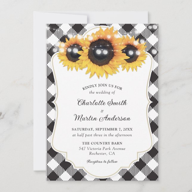 Black and White Buffalo Plaid Sunflower Wedding Invitation (Front)