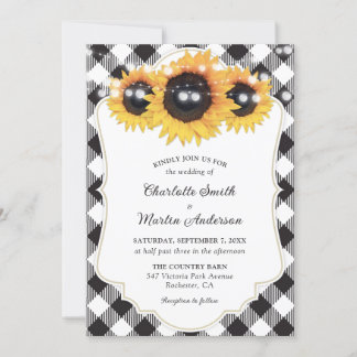 Black and White Buffalo Plaid Sunflower Wedding Invitation