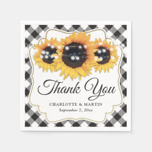 Black and White Buffalo Plaid Sunflower Wedding Napkins