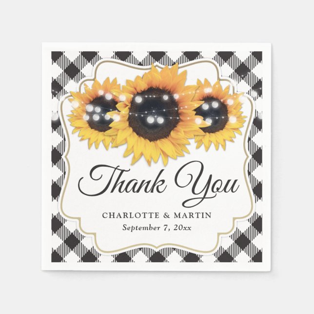 Black and White Buffalo Plaid Sunflower Wedding Napkins (Front)