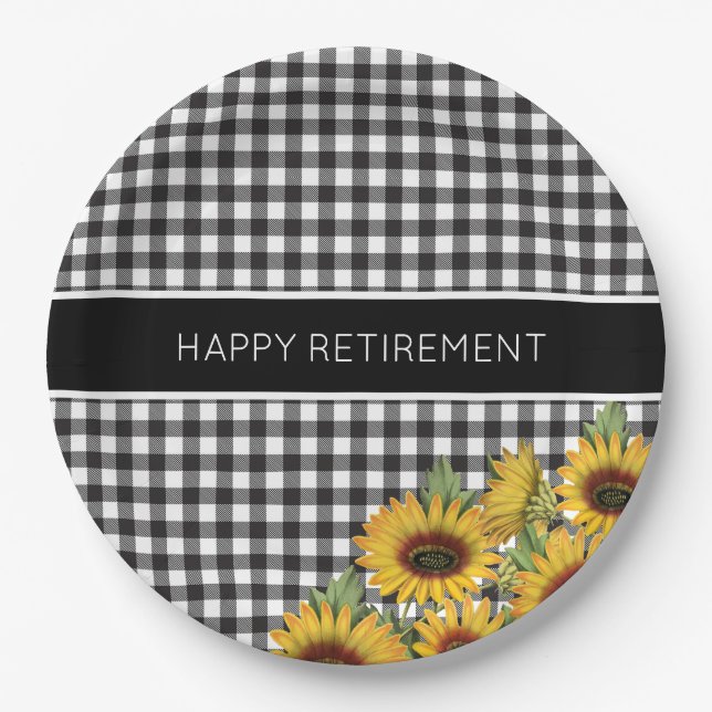 Black and White Buffalo Plaid Sunflowers Paper Plates (Front)