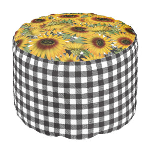 Black and White Buffalo Plaid Sunflowers Pouf